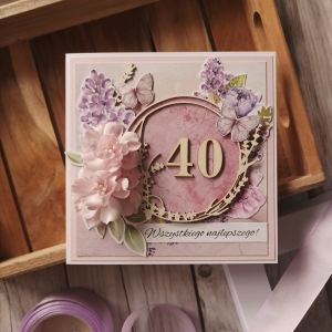 175. Kartka urodzinowa, fioletowa kwiatowa, personalizowana