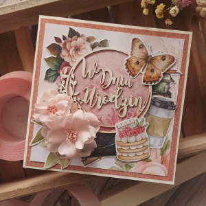 191. Kartka urodzinowa, beżowa, brzoskwiniowa kwiatowa