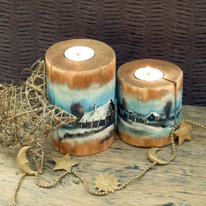 2 drewniane świeczniki z malowanym pejzażem
