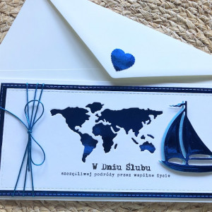 339, z biletem na wspólną podróż - kartka na ślub w bieli