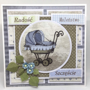 396,kartka na narodziny ,urodziny z wózkiem dla chłopca