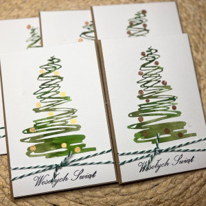 450,zestaw 5 kartek świątecznych z akwarelowymi choinkami