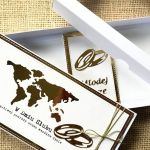 597,Kartka na ślub w szczęśliwą podróż w złocie.