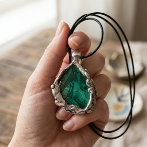 Amulet matki wszechrzeczy - brutalistyczny wisior z malachitem