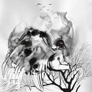 "Anioł na drzewie" obraz czarnym tuszem
