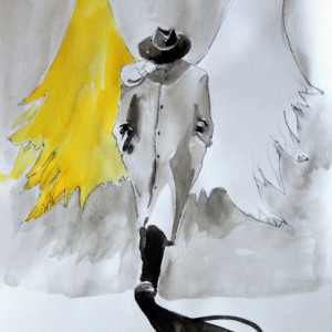 "Anioł w kapeluszu" akwarela artystki A. Laube