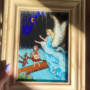 Anioł z dzieckiem na zarwanej kładce- obraz na szkle ręcznie malowany