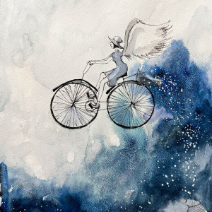 "Anioł zimowy" akwarela - anioł na rowerze
