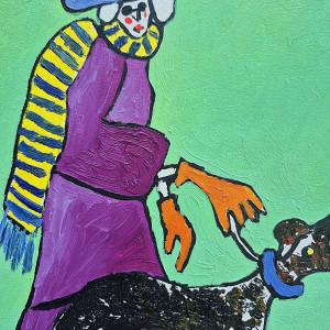 art wesoła pani i pies obraz olejny spacerek