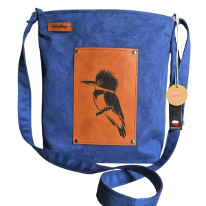 Artystyczna kobaltowa wegańska torebka z zimorodkiem