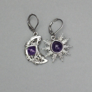 Asymetryczne kolczyki słońce księżyc wire wrapping ametyst