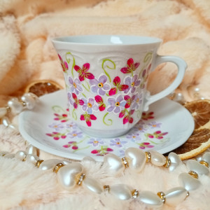 Barwny ręcznie malowany komplet kwiaty 250ml. talerzyk i filiżanka