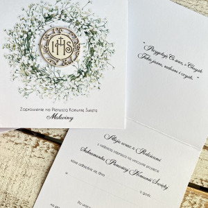 Białe Zaproszenia na komunię z imieniem w wianku