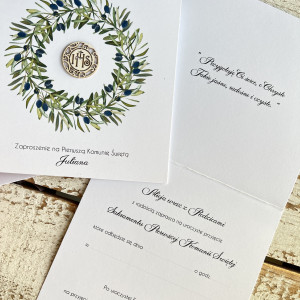 Białe Zaproszenia na komunię z imieniem w wianku 2