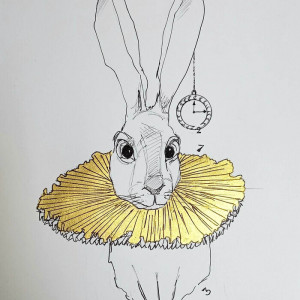 "Biały królik 2" obraz piórkiem i złotym tuszem