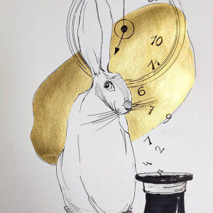 "Biały królik" obraz piórkiem i złotym tuszem