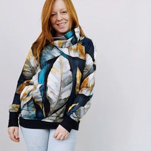 Bluza damska z kominem  złote liście na turkusie