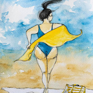 "Body positive 2" akwarela - kobieta, plaża, morze