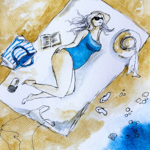 "Body positive 3" akwarela - kobieta, plaża, morze