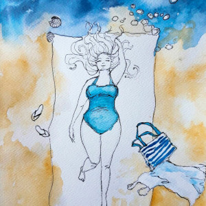 "Body positive" akwarela - kobieta, plaża, morze
