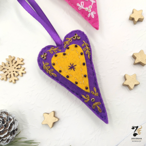 Bombka serce wyszywana na filcu fioletowo-żółta