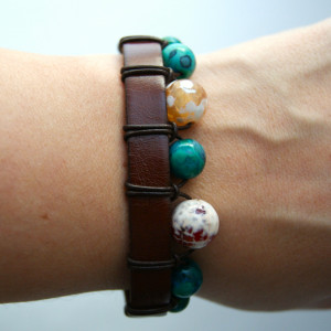 Bransoleta AGAT, CHRYZOKOLA i rzemień dł. 21 cm