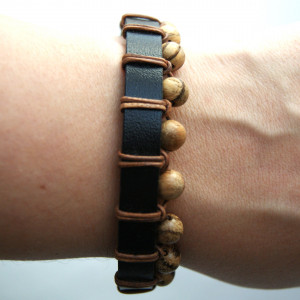 Bransoleta  DREWNO i RZEMIEŃ dł. 24,5 cm