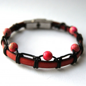 Bransoleta  JASPIS i czerwony rzemień dł. 18,5 cm