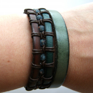 Bransoleta  JASPIS i niebieski i brązowy rzemień dł. 17,5 cm