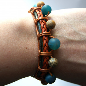 Bransoleta  JASPIS, JADEIT i rzemień dł. 20,5 cm