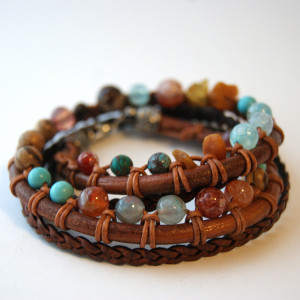 Bransoleta kamień AGAT, BURSZTYN, TURKUS, JASPIS i rzemień, dł. 45 cm
