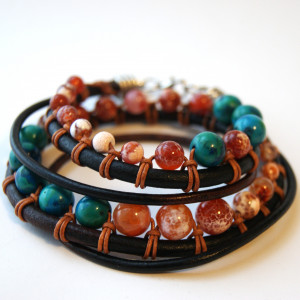 Bransoleta kamień AGAT ,CHRYZOKOLA i rzemień, dł. 46 cm