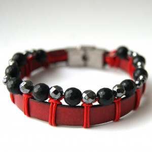 Bransoleta kamień HEMATYT, ONYKS i rzemień.