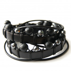 Bransoleta kamień HEMATYT, ONYKS i rzemień, podwójna