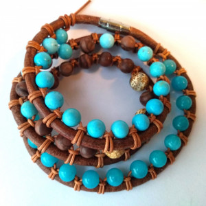Bransoleta kamień TURKUS, JADEIT, JASPIS i rzemień, dł. 70 cm