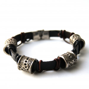 Bransoleta metal i brązowy rzemień płaski i okrągły, dł. 24 cm