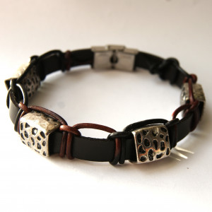 Bransoleta metal i rzemień płaski i okrągły, dł. 25 cm