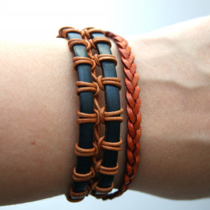 Bransoleta rzemień granatowy i pomarańczowy warkocz, dł. 20,5 cm