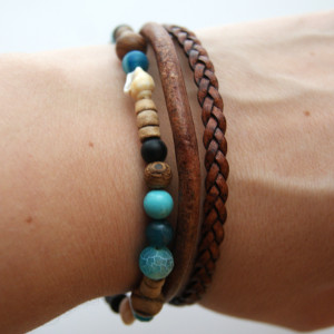 Bransoletka AGAT, JASPIS, MUSZLA, TURKUS, DREWNO, LAWA i rzemień