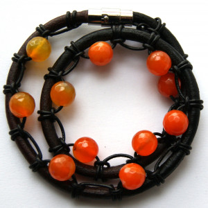 Bransoletka agat, rzemień, podwójna 42cm.