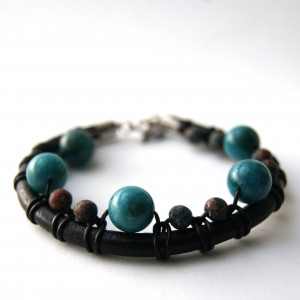 Bransoletka JADEIT, JASPIS i rzemień dł. 25 cm