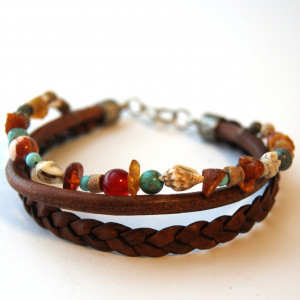 Bransoletka kamień AGAT, JASPIS, MUSZLA, TURKUS i rzemień, dł. 25 cm