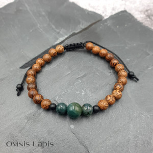 Bransoletka makrama - drewno orientalne i agat mszysty