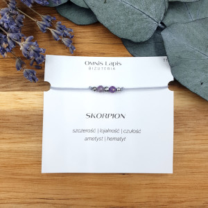 Bransoletka makrama ZODIAK - SKORPION - ametyst, hematyt