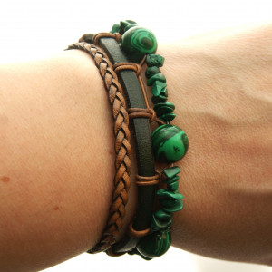 Bransoletka  MALACHIT i brązowy rzemień dł. 19,5 cm