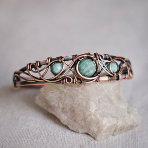 Bransoletka miedziana elficka wire wrapping z amazonitami