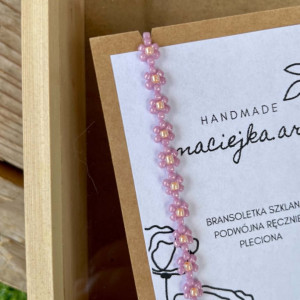 Bransoletka podwójna Kwiatki! szklana z koralików różowa