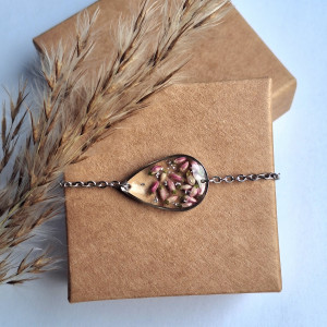 Bransoletka z żywicy łezka kwiaty wrzosu srebrna