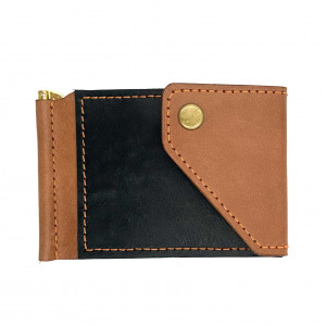 Brązowo czarny portfel na klips skórzany ręcznie uszyty.