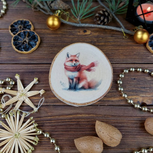 Brzozowa podkładka pod kubek, świąteczna zawieszka - lisek